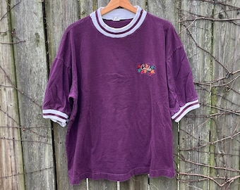 Vintage 90er Kanada besticktes Lila Kurzarm Ringer T-Shirt Größe XL