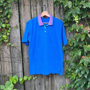 Vintage 90&#39;s Boston Traders 100% Cotton Blue and Purple Short Sleeve Polo Shirt Size Medium