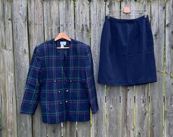 Vintage 90's Collections Blue Purple Green Plaid Pattern Polyester/Rayon Blend Two Piece Skirt and Blazer Suit Set Size 14