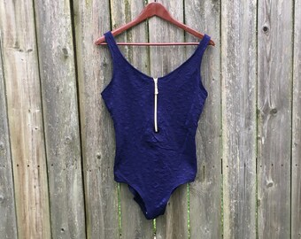 Vintage 80's Maxine of Hollywood Made in USA Dark Blue Patterned 1/2 Zip One Piece Swimsuit Size Medium