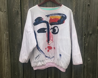 Vintage 1980&#39;s Peter Max Visage / Red Chair Reversible Doubled Sided Long Sleeve Art Sweatshirt One Size fits Most