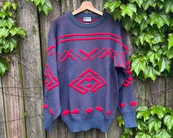 Vintage 70&#39;s/80&#39;s Meister Gray and Red Patterned Style Wool Long Sleeve Knit Sweater Size Medium