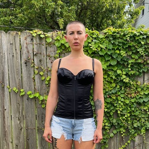 Vintage 80er Jahre Empire Intimes Schwarz Satin 100% Polyester Zip und Lace Up Bustier Top Gr. 36 B