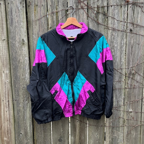 Vintage 90's Sycamore Black Pink and Green 100% Nylon Long Sleeve Zip Up Windbreaker Jacket Size Large