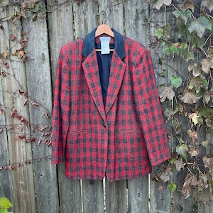 Vintage 80&#39;s/90&#39;s Harve Benard Sport Red and Black Plaid 100% Wool Blazer Jacket Size 14