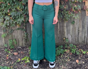 Vintage 1960&#39;s Unbranded Green Mid Rise Textured Patterned Flare Leg Pants with Belt Size 0