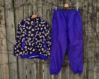 Vintage 80's Sunterra 100% Polyester Purple Two Piece Track Suit Jacket and Pants Size Medium