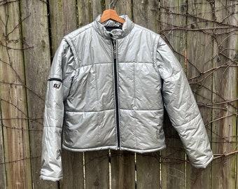 Vintage 2000's Guess Jeans 100% Nylon Silver Puffy Zip up Jacket