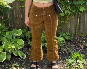 Spodnie Vintage 70's Holdtex Brown Corduroy Mid Rise Flare Leg Metal Snap Up, rozmiar 2/4