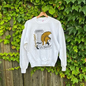 Vintage 80's Jerzees Carrollton High School Trojans Georgia Cotton/Poly Blend White Long Sleeve Sweatshirt Size Small