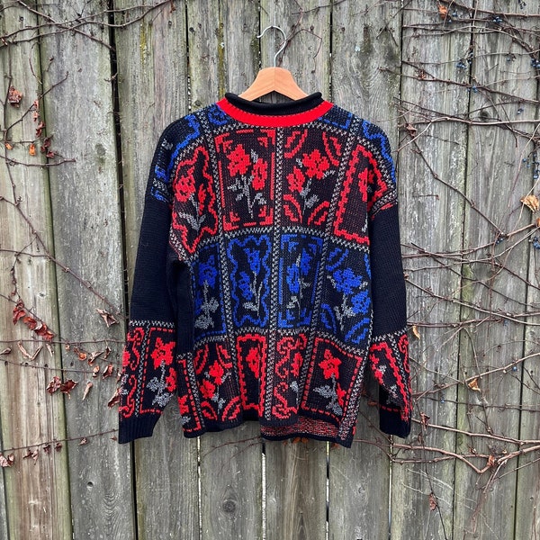 Vintage 80's Spago Knits Made in USA Black Red and Blue Knit 100% Acrylic Sweater Size Small