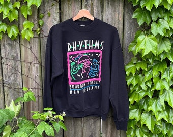 Vintage 90's Rhythms Bourbon Street New Orleans Black 100% Cotton Long Sleeve Sweatshirt Size Large