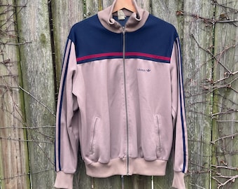 Vintage 80's Adidas Beige Blue and Red Zip up Long Sleeve