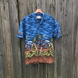 Vintage 2000's Ky's Made in Hawaii Motorcycle Print Short Sleeve Button Up 100% Cotton Shirt Size Large