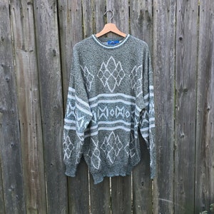Vintage 80-talsmönstrad akrylstickad tröja med lång ärm, storlek XXL