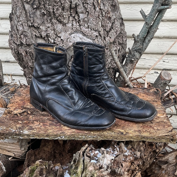 Vintage 70's unbranded Black Side Zip Up Beatle Boots Size 9 1/2