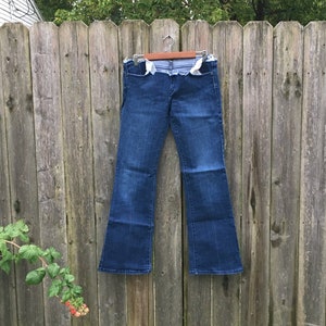 2000&#39;s One of a Kind unbranded Cut Off Waist Dark Wash Flare Leg Denim Jeans Waist Measures 34 inches