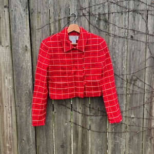 Vintage 80&#39;s Carlisle Red Plaid Style Long Sleeve Cropped Blazer Jacket Size 2