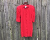 Vintage 1980 39 s Young Edwardian Red 3 4 Sleeve Scallop Trim Pleated Back Dress with Shoulder Pads Size 5