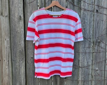 Vintage 80's Jacklyn Sport Made in USA Red and White Striped Short Sleeve Shirt Size Large