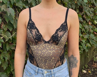 Vintage 1980's Emil Bole Cheetah Print with Lace One Piece Thong Bodysuit Size Small