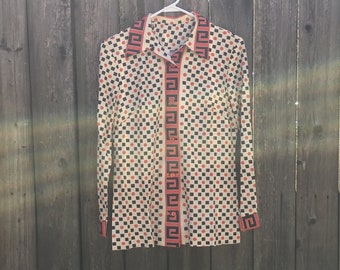 Vintage 1970's Montgomery Ward Square and Circle Pattern Long Sleeve Button Up Blouse
