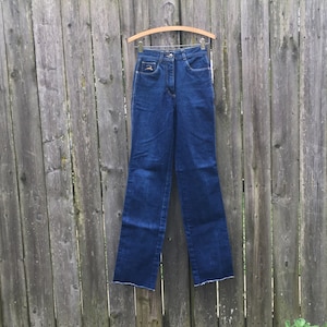 Vintage 80&#39;s Fast Jeans Mid Rise Dark Wash Raw Hem Western Style Riding Denim Jeans Size 00
