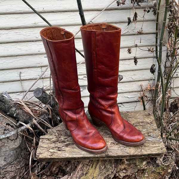 Vintage 1970's Frye Brown Leather Made in USA Leather Boots Size 9B