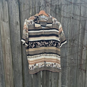 Vintage 90&#39;s Alfred Dunner Safari Animal Print Short Sleeve 100% Polyester Button Up Blouse Size 18W