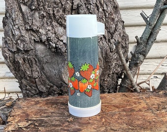 Vintage 70's/80's Aladdin Strawberry Pattern Plastic and Glass Thermos