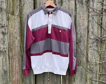 Polo de manga larga vintage de los años 90 de Palmland en gris, granate y blanco, talla mediana.
