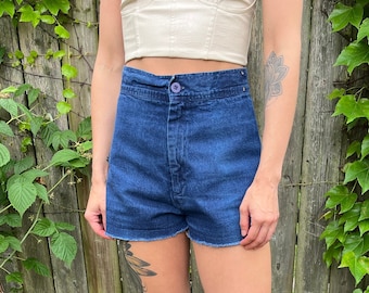 Vintage 70er Jahre Jeanne San Francisco Dark Wash High Waist Cut Off Jeans Jeans Shorts Größe 2
