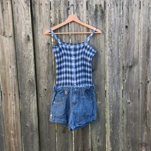 Vintage 90&#39;s JouJou 100% Cotton Denim Shorts Romper with Pearl Snap Top Size Small