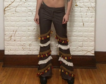 2000's Vintage Blue Reworked Low Rise Hippie Style Balls and Fringe Bell Bottom Leg Brown Pants (free shipping)