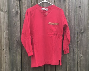 Vintage 80's B.G. Basics Red Long Sleeve Henley Style Pocket Shirt