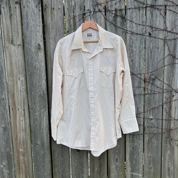 Vintage 80's/90's Ely Cattleman Beige Long Sleeve Pearl Snap Western Shirt Size XL