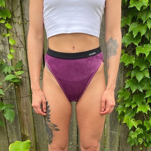 Könnte beinhalten: Lilafarbener, hoch taillierter Unterwäsche aus Samt mit einem schwarzen Bund und dem Text "VICTORIA'S SECRET" auf dem Bund.