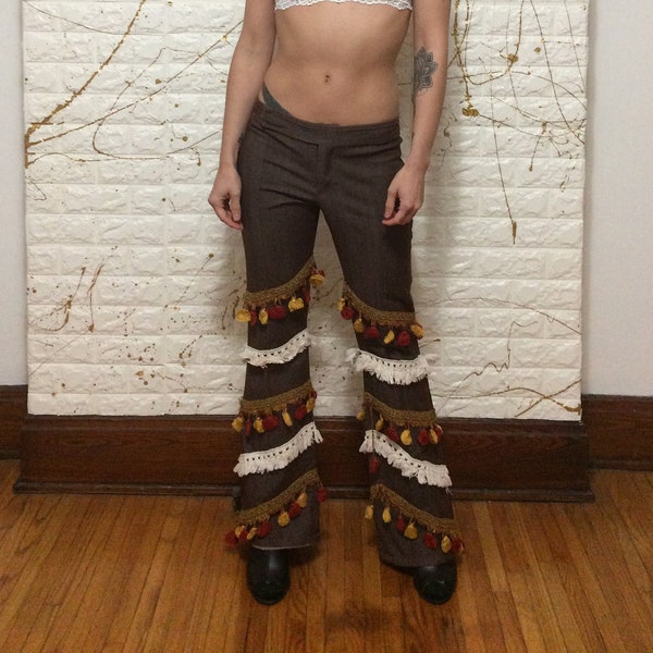 2000's Vintage Blue Reworked Low Rise Hippie Style Balls and Fringe Bell Bottom Leg Brown Pants (free shipping)