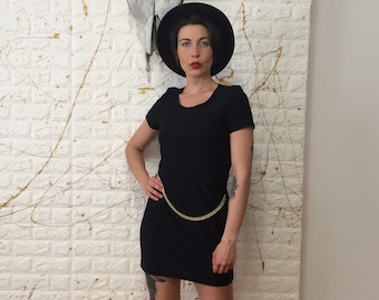 Vintage 80's Possessed Made in USA Black Short Sleeve Gold Chain Short Summer Dress Size Small