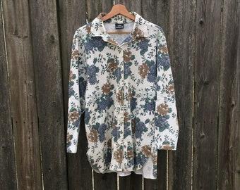 Vintage 80's Stefano Basics Floral Pattern All Over Print Ribbed Textured Long Sleeve Button Up Shirt Size Large