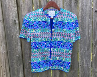 Vintage 80's Safe Silk by Adrianna Papell Patterned Short Sleeve Toggle Button Up Blouse with Shoulder Pads Size 8 petite