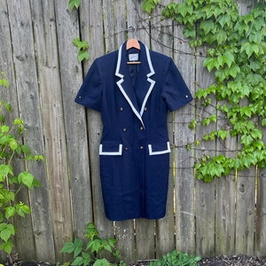 Vintage 80&#39;s Jacqueline Ferrar Blue and White Button Up Short Sleeve Dress Size 12