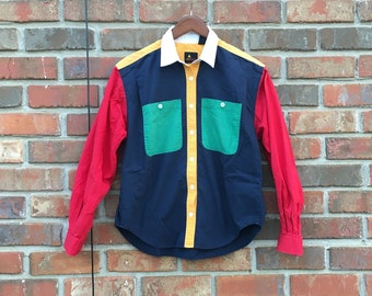 Vintage 90's Liz Wear Primary Colors Long Sleeve Button Up Collared Shirt Size Small Petite