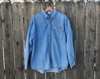 Vintage 90's Scholastic Book Light Wash Button Up Long Sleeve Denim Jean Shirt Size XL