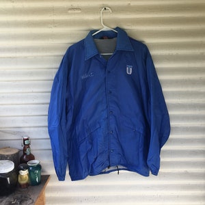 Vintage 70&#39;s Pla-Jac by Dunbrooke TU College Branded Button Up Light Blue Embroidered Robert Jacket