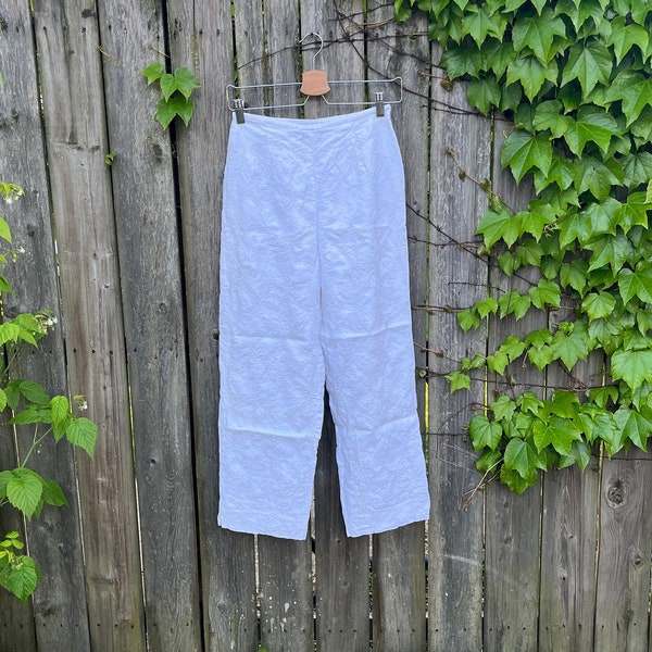 Vintage 90's Charter Club White Floral Style Patterned 100% Linen Pants Size 4