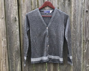 Vintage 90's LeRoy Knit Wear Silver and Black Metallic Look Long Sleeve Button Up Cardigan Size Small