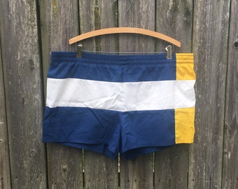 Vintage 70's/80's Bayline by Laguna Blue White and Yellow Short Swim Trunks Size Large Waist Measures 40 Inches