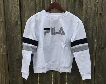 Vintage 90's FILA White Black and Gray Long Sleeve Crop Sweatshirt Size Medium