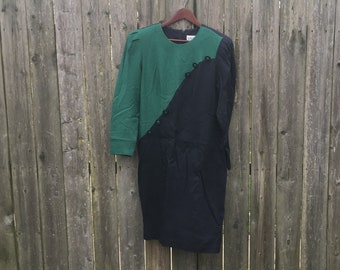 Vintage 80's Menu Dark Blue and Green Long Sleeve 100% Rayon Dress with Shoulder Pads Size 12